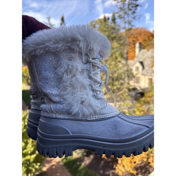 LONDON FOG Girls Fur Winter Boots Sparkles Girls Size 2 White Gray Sequins - Picture 5 of 16